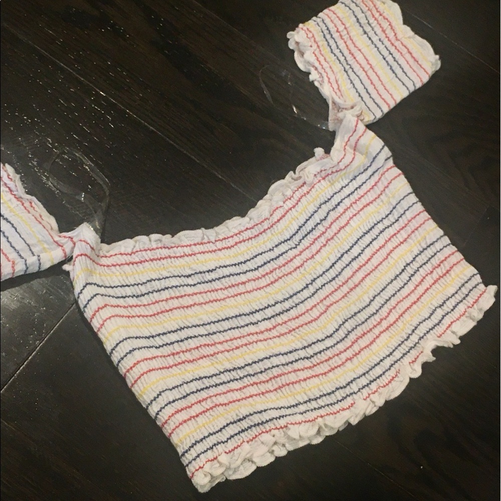 Sunset + Spring Off Shoulder Striped Smocked Crop - Picture 6 of 13